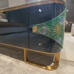 Refined Deep Green Textured TV Stand with Marble Top, Gold Metal Base and Concealed Storage Compartments